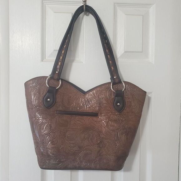 Western Tooled Brown Tote Bag w/ Turquoise Concho & Fringe – Shoulder Purse - Picture 4 of 10
